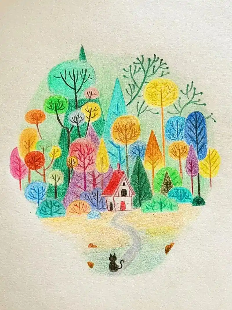 彩铅森林(彩铅画,手绘临摹) #手绘# #简笔画# #插画# #彩铅手绘