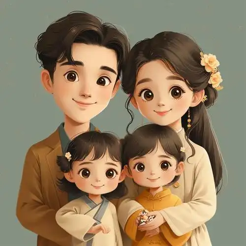 亲子头像|2024一家四口姐妹|亲子照卡通插画