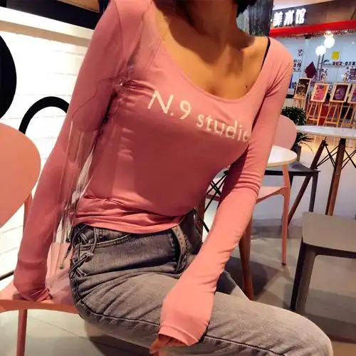 n9新款莫代尔圆领低胸恤收紧身性感长袖上衣t恤