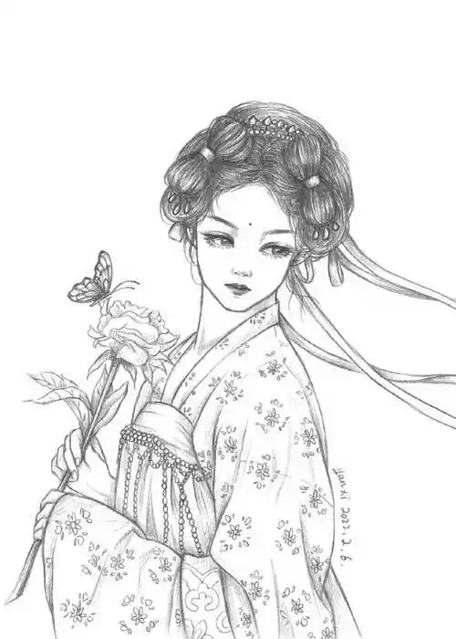 人物黑白动漫素材插画绘画线稿手绘女生男生长发短发转载二次元古风