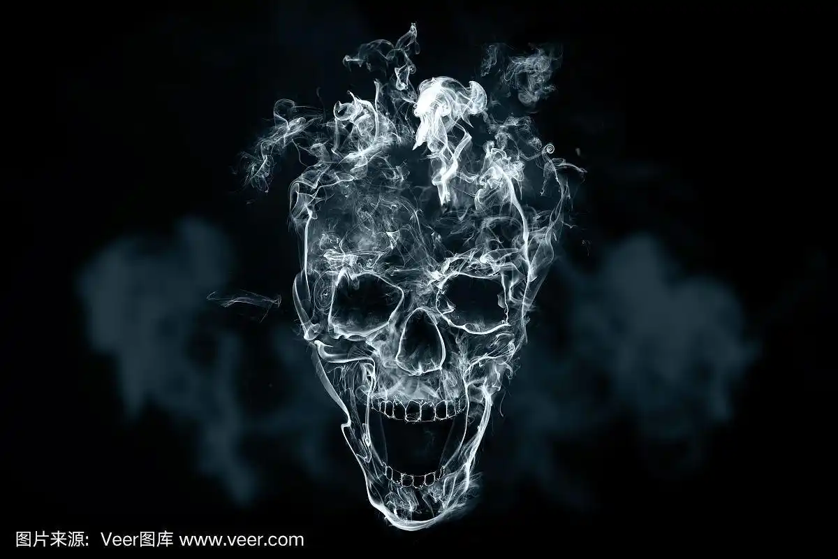 黑色背景上的骷髅是香烟烟雾造成的.创造性的背景.