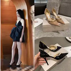 2022年夏季新款宋茜同款尖头漆皮裸色高跟鞋浅口凉鞋女细跟一字带