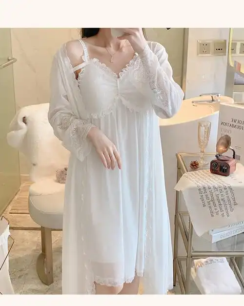 睡衣夏网红带胸垫蕾丝网纱性感吊带裙宫廷仙女睡裙春秋公主两件套