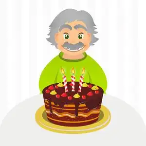 老人庆祝生日.巧克力蛋糕和蜡烛独自一人坐在白色的老人.