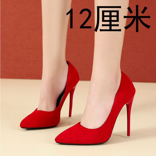 2020春秋性感红色高跟鞋女时尚尖头细跟浅口单鞋绒面大码变装伪娘
