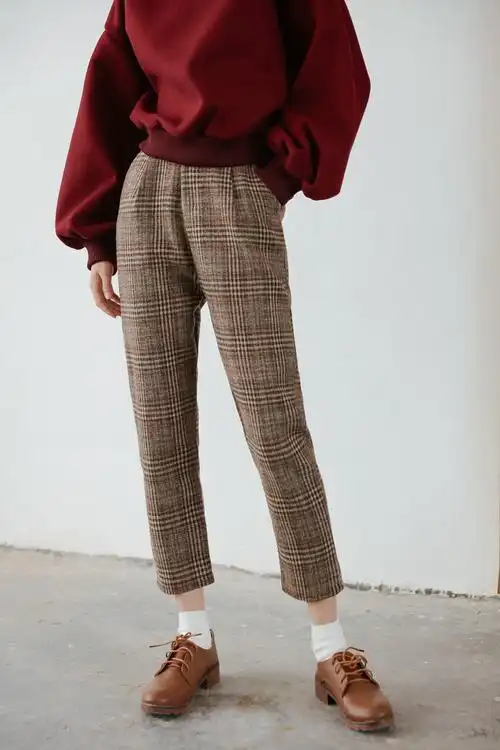 爱茵朵2018秋冬新款毛呢复古格子哈伦九分裤 深咖 s