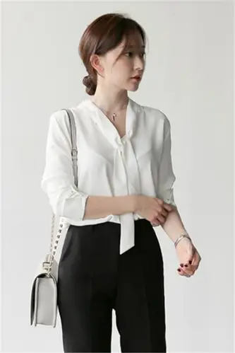 春夏韩范v领蝴蝶结飘带学生百搭时尚气质雪纺上衣长袖白衬衫女
