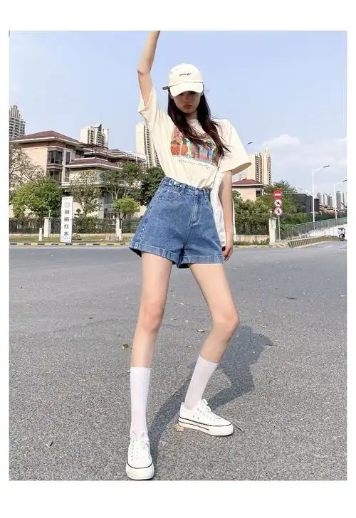 初中女生牛仔半裤半截裤夏天高腰短裤女夏季高中学生少女宽松阔腿a字