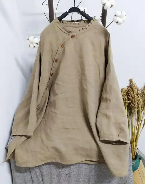 淡凝脂 *改良斜襟新品原创苎麻复古花边圆领盘扣上衣女装棉麻布衣