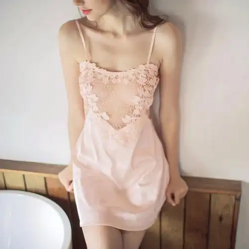 日系透明薄纱性感吊带睡裙女夏冰丝诱惑情趣蕾丝睡衣短款修身ls