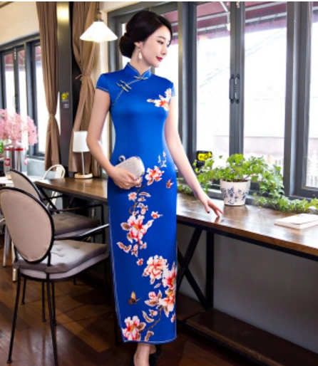 tm1826蓝色丝绸旗袍