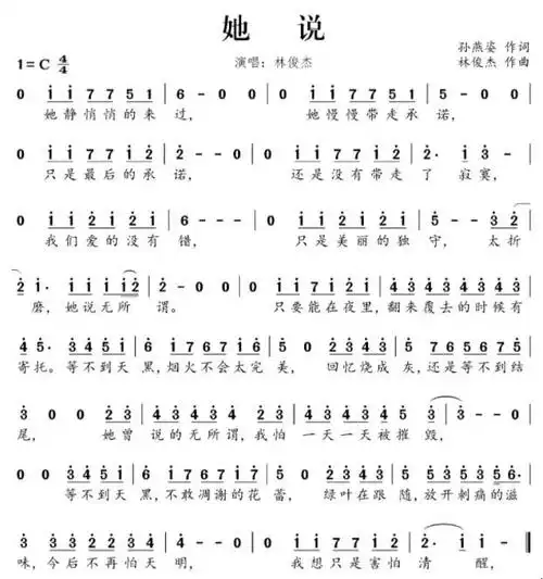 《她说》是由孙燕姿填词,林俊杰谱曲并演唱的歌曲,收录于林俊杰2010年