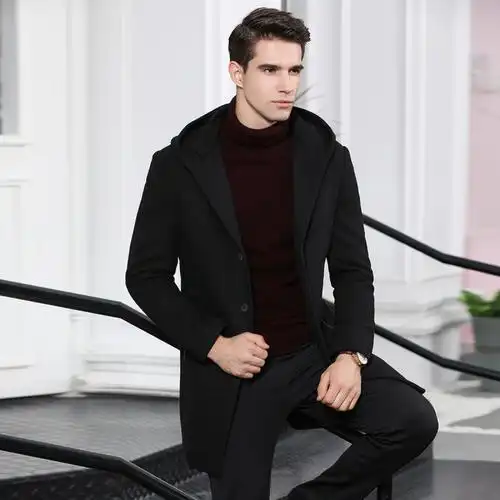 雅鹿男装风衣男中长款连帽毛呢大衣男士呢子外套冬季男装s47eqdaaj104