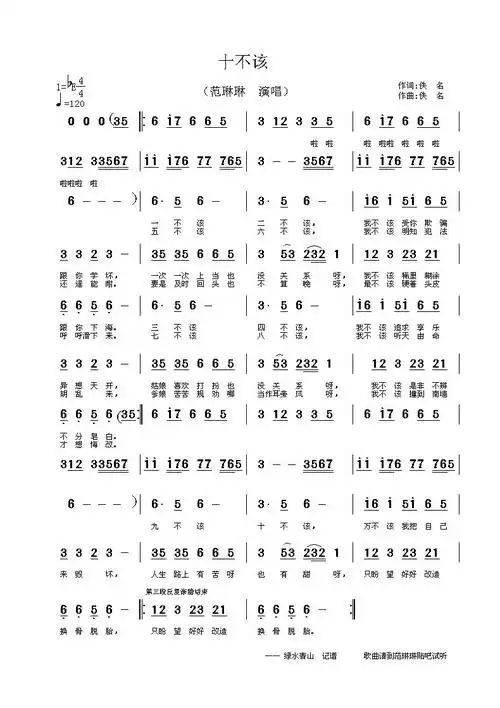 绿水青山记谱相关歌谱:[简谱]十不该(黄梅戏《梁祝》梁山伯唱段)