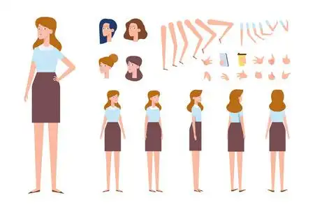 正面, 侧面, 后视图动画字符.