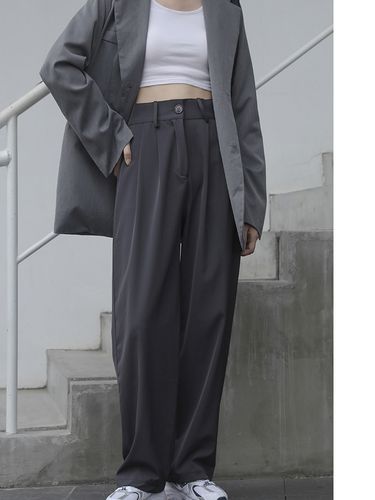 灰色西装裤女春秋大码高腰垂坠感宽松直筒显瘦胖mm微胖拖地阔腿裤