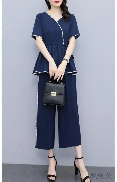 夏天新款加大码女装夏装微胖妹妹显瘦遮肉套装胖mm遮肚雪纺衫阔腿裤两