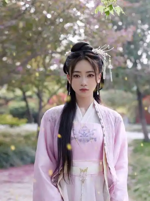 吴谨言粉红汉服游玩照_网友