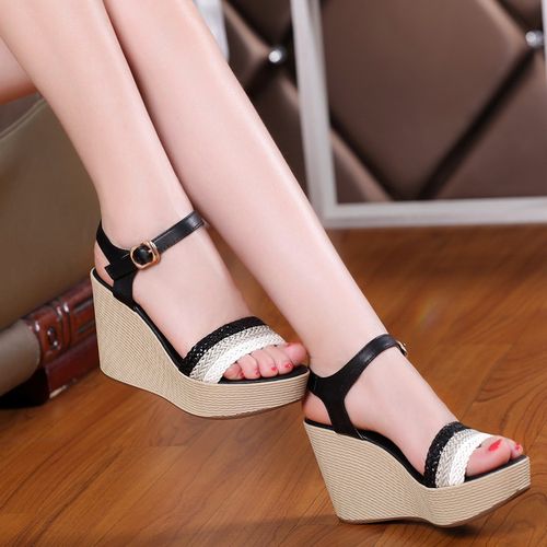 2021夏季新款女式坡跟女凉鞋罗马防水台高跟凉鞋厚底真皮松糕女鞋