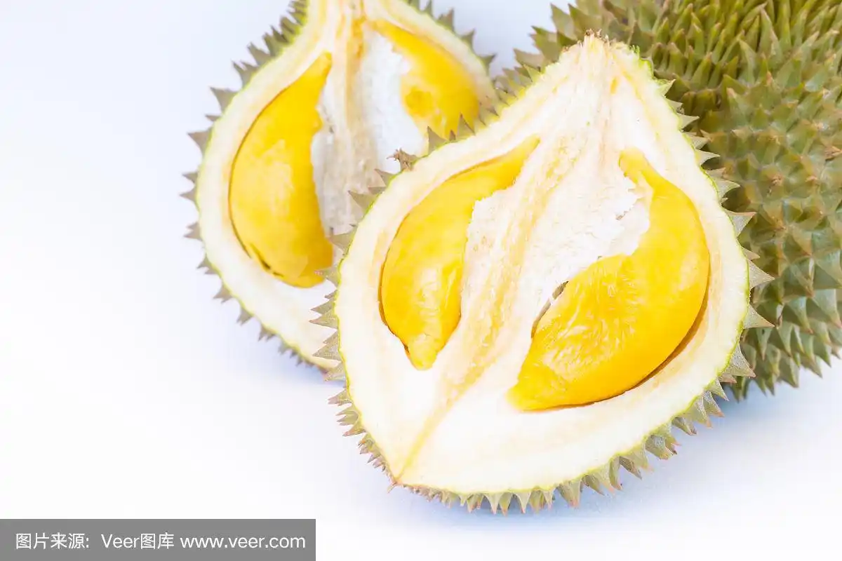 白色背景上的鲜切榴莲.水果之王