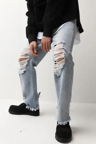 春夏个性复古破烂乞丐裤男女潮流水洗直筒破洞宽松牛仔裤n060-n70