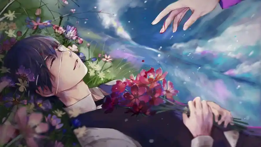 动漫男孩,鲜花,手 iphone 壁纸