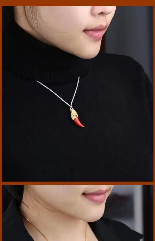 梦相依(mengxiangyi) 虎年足银镶嵌朱砂小虎牙吊坠男女本命年民族风