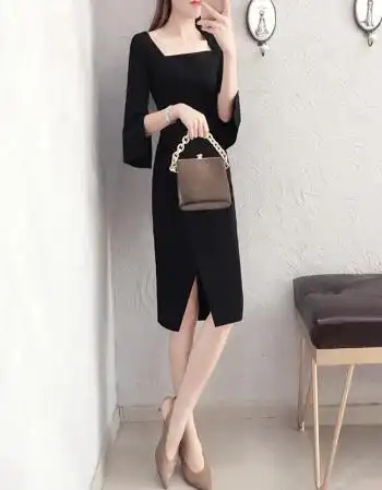早秋黑色名媛连衣裙女2018新款秋装气质修身开叉裙子 中长款显瘦 黑色
