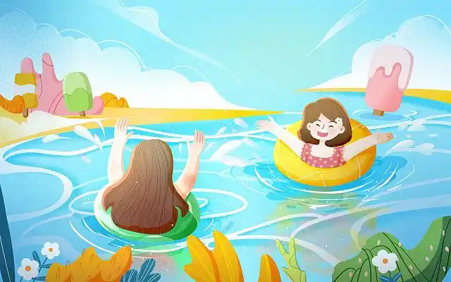 夏天人物海边戏水游泳手绘banner插画卡通夏天夏日立夏夏季游泳插画