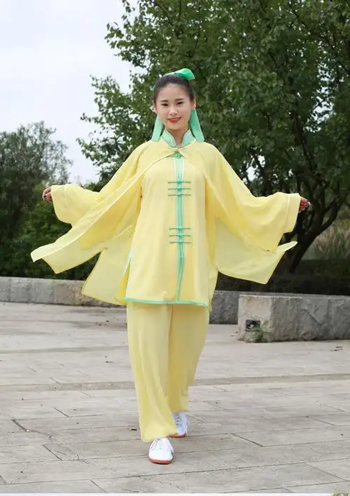 收腰加长款春夏中老年太极服练功服晨练武术服表演服女三件套 黄色 两