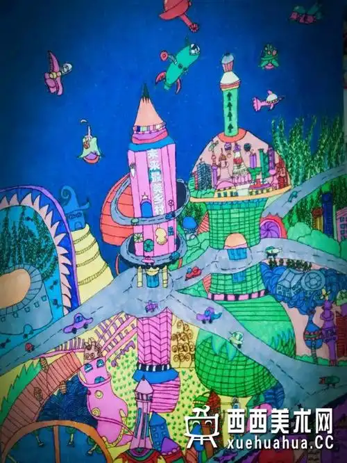三等奖小学生获奖科幻画《未来最美乡村》欣赏