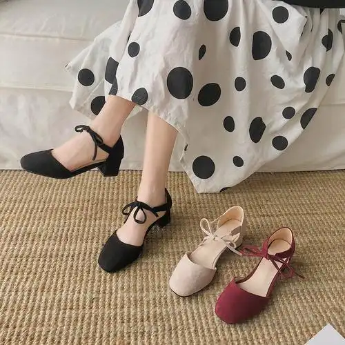 粗跟单鞋女2020春季新款交叉绑带仙女风百搭中跟浅口配裙子的凉鞋