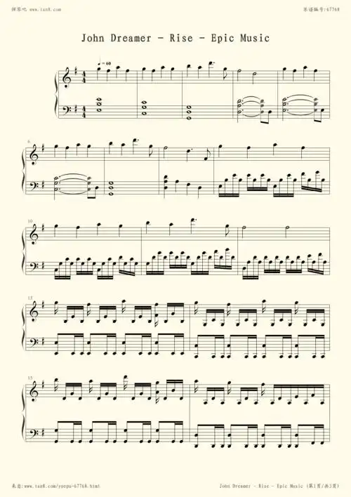 《rise - epic music,钢琴谱》john dreamer(五线谱 钢琴曲 指法)-弹