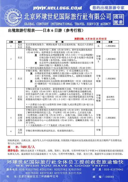 出境旅游行程表日本6日游参考行程doc10页