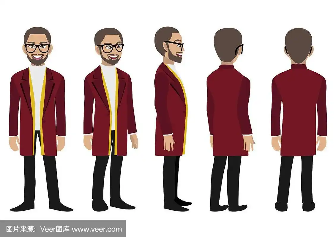 正面,侧面,背面,3-4视图动画角色.平面向量插图.