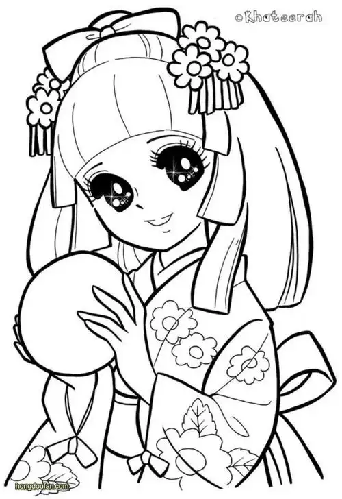 穿着和服的日本小女生涂色图片大全-红豆饭小学生简笔画大全