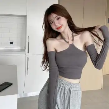 女主播直播衣服套装女主女主播性感上衣服装上镜一字领露肩挂脖短款