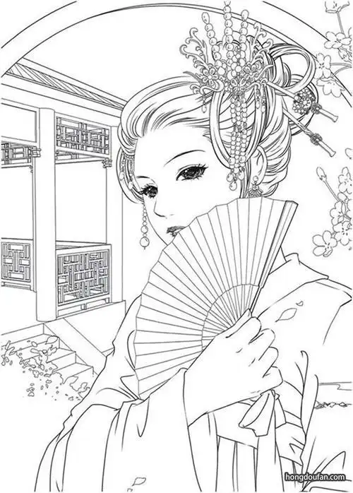 拿着扇子头戴珠钗的美女涂色简笔画大全