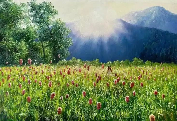 朝鲜横幅山水油画欣赏:《游乐》《劳作归来》《一路向前》《田园风光