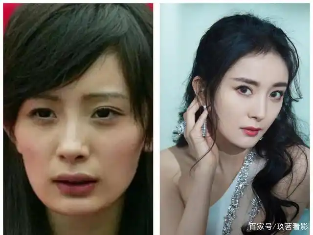 杨幂,左素颜,右带妆