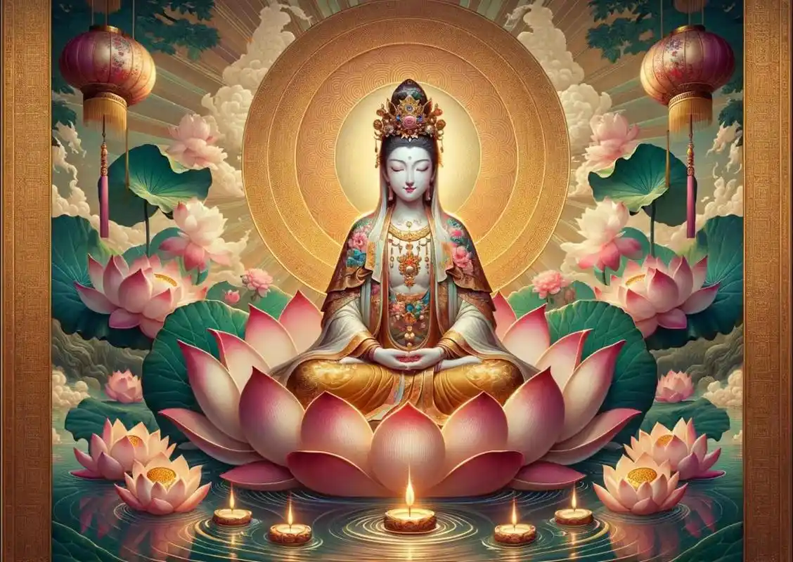 创作一幅南海观音菩萨在大莲花上打坐的高清插画,现在加入了中国 - 抖