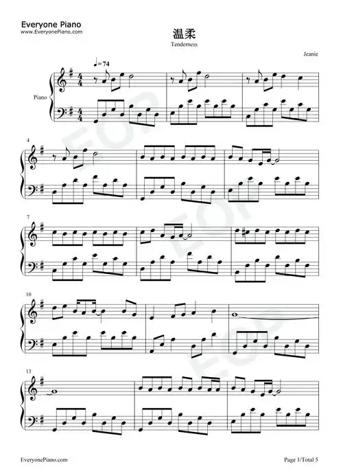 温柔-原调简单版-五月天五线谱预览1
