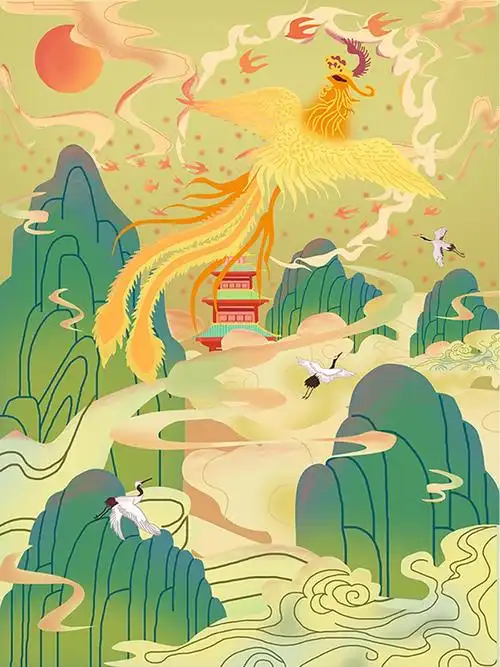 百鸟朝凤国风原创插画|插画|商业插画|海月儿儿 - 原创作品 - 站酷