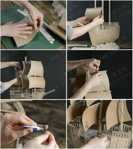 使用报废纸箱diy纸板海盗船模型教学 - 废物利用手工diy小制作 - 51费