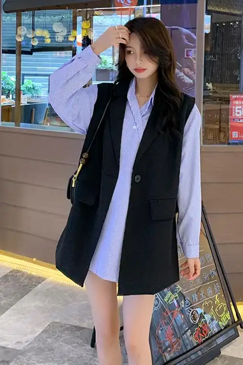 2021年秋新款气质慵懒风穿搭西装马甲衬衣时尚职业两件套装女