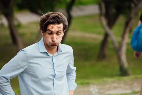 特写,一个,男人,户外,头像,失望,蓝衬衫,站立,公园