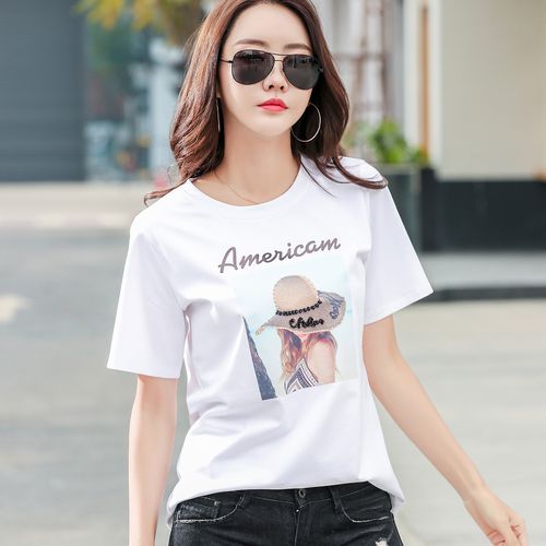 1688新款女装圆领设计短袖t恤女时尚印花纯手工钉珠工艺上衣2038