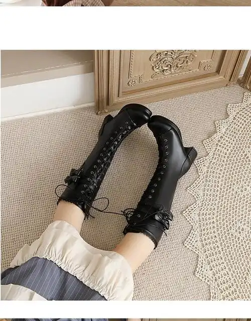 洛丽塔甜美可爱长靴不过膝马丁靴高筒靴高跟系带靴子骑士靴蝴蝶结