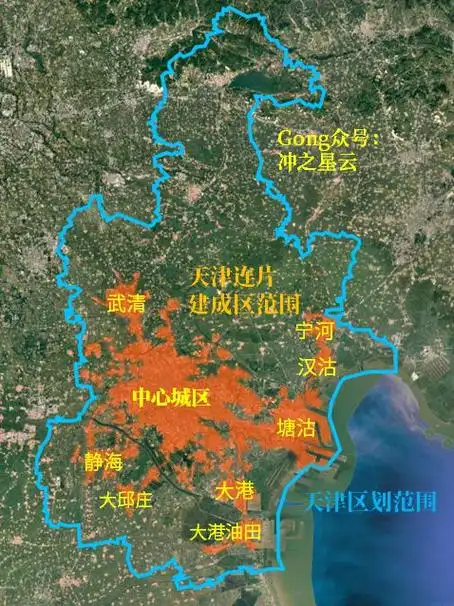 可以发现在市中心-塘沽这条主干之外,四个角的方向上各有一个卫星城