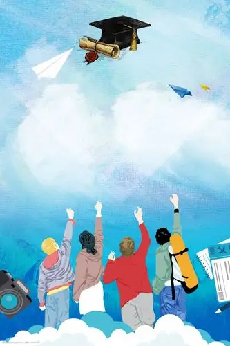 手绘毕业帽学生背影青春校园背景素材图片-图行天下图库